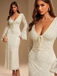 Radiana Women's Elegant Cream White Mesh Jacquard Low-Cut Fitted Dress,Autumn Wedding Guest Dress For Parties,Clubs,Dates,Celebrations & Events - Apricot - View 6