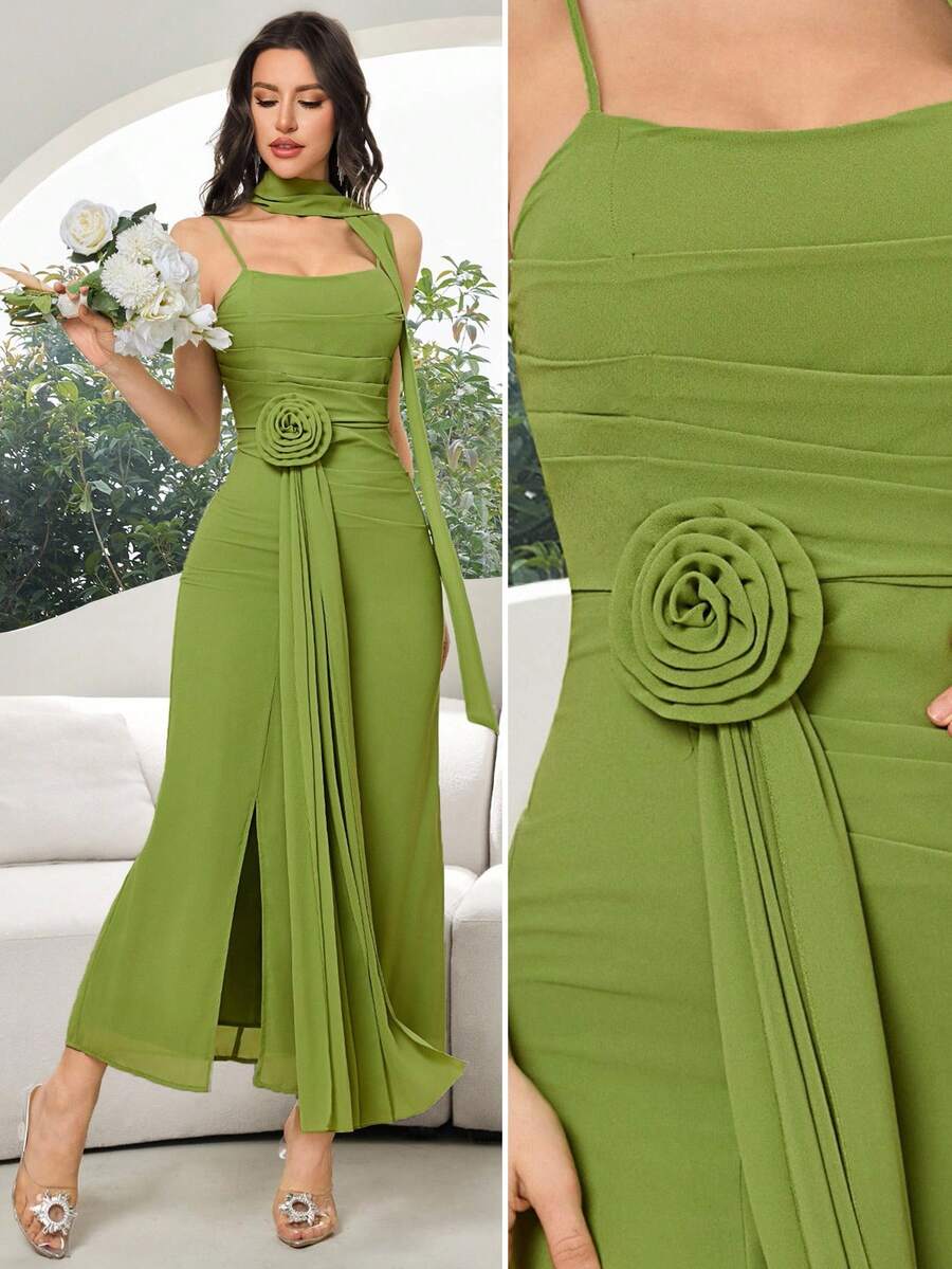 Feyla Gaun Terusan Panjang Wanita Elegan Warna Polos dengan Dekorasi Pita Bunga 3D Hijau dan Belahan Depan