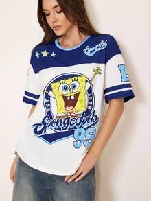 SpongeBob SquarePants | SHEIN 女士圆领卡通字母印花休闲百搭日常短袖T恤 - 彩色 - 查看 3