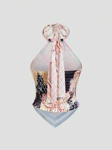 Sweetra 双面钩针编织吊带无袖印花吊带背心，适合海滩和夏季度假 - 杏色 - 查看 2