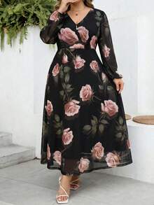 SHEIN CURVE+ Plus Size Floral Print Long Sleeve Vacation Dress - Multicolor - View 4