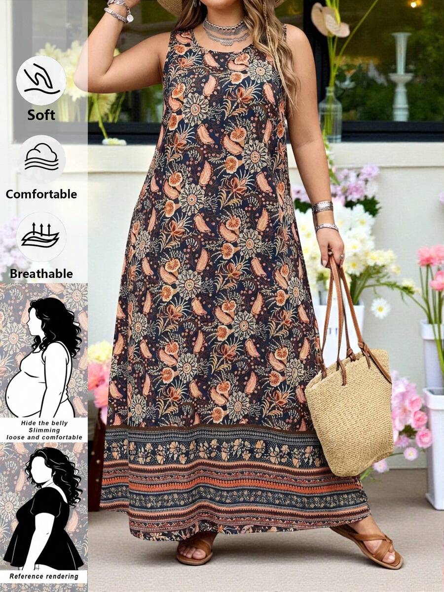 SHEIN CURVE+ Kích cỡ US22 (dành cho người có thân hình đầy đặn) Lễ hội âm nhạc, Kỳ nghỉ bên bờ biển, Đầm không tay phong cách Bohemia dành cho nữ, in hình cây điều, có túi, trang phục mùa hè cho nữ, quần áo mùa hè, đầm Boho châu Âu cho nữ, đầm thường ngày cho nữ, trang phục nghỉ hè cho nữ - Nhiều màu - Xem 1