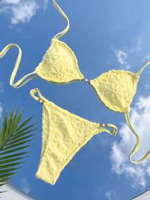 Swim Mod Set de 2 piezas Conjunto de playa de verano para mujer, top de bikini halter con textura de unicolor, espalda descubierta y lazos, y shorts de natación ajustables, elegante y sexy para vacaciones, playa y fiestas en la piscina - Amarillo - Ver 3