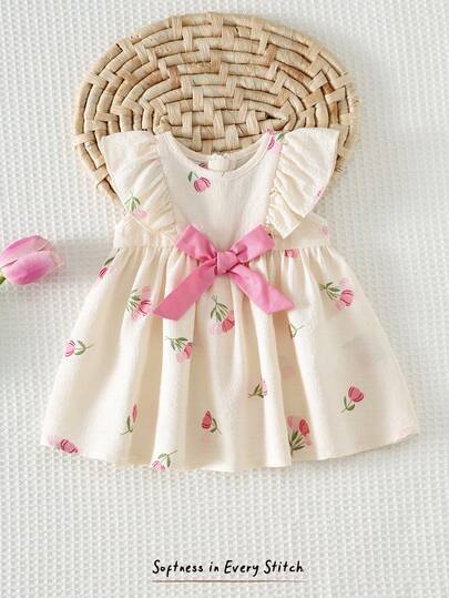 Cozy Pixies Đầm không tay cổ tròn, thắt eo, in hoa cho bé gái sơ sinh, phối màu tương phản, điểm nhấn nơ.