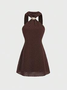 Sweetra Spring/Summer Sleeveless Elegant Polka Dot A-Line Mini Dress With Neck Tie Metal Buckle Decor, Retro Romantic Commuting Outfit For Women, Coffee Color - Brown - View 1