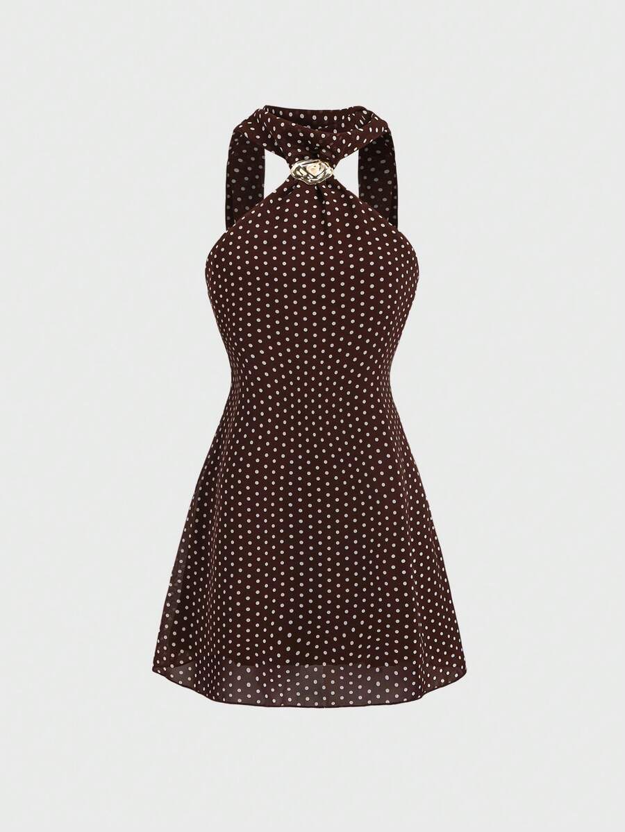 Sweetra Spring/Summer Sleeveless Elegant Polka Dot A-Line Mini Dress With Neck Tie Metal Buckle Decor, Retro Romantic Commuting Outfit For Women, Coffee Color - Brown - View 1