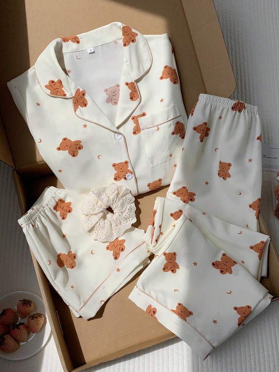 SHEIN Comfortcana 3件套可爱熊、星星和月亮印花女士睡衣套装 - 杏色 - 查看 1