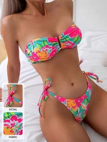 con estampado floral Bandeau con cordón lateral Bañador bikini - Multicolor - Ver 1
