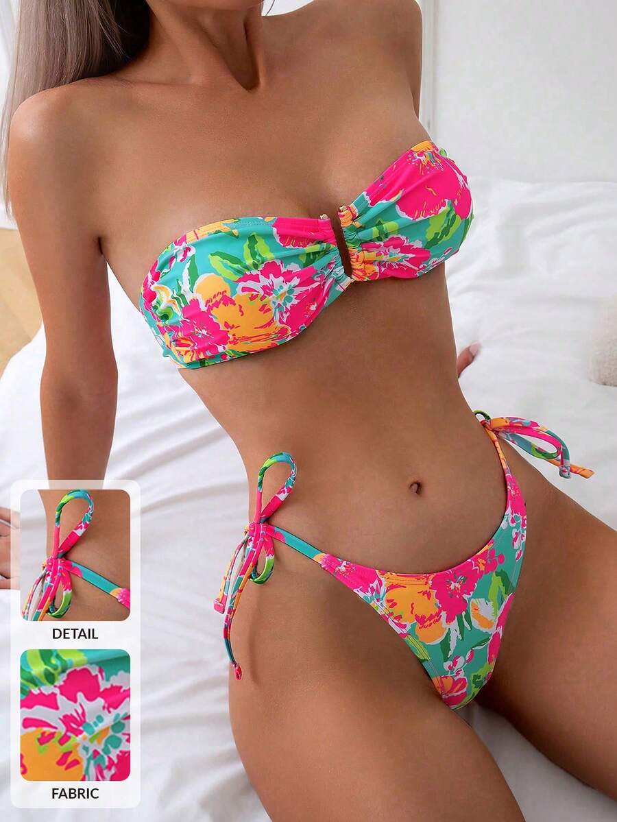 con estampado floral Bandeau con cordón lateral Bañador bikini - Multicolor - Ver 1