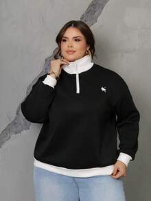 Bibi Tomais Plus Size Contrast Color Embroidery Casual Pullover Pullover Sweatshirt - Black - View 4