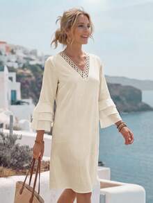 EMERY ROSE Women's Solid V-Neck Casual Vacation 3/4 Sleeve Short Dress - Khaki - View 4