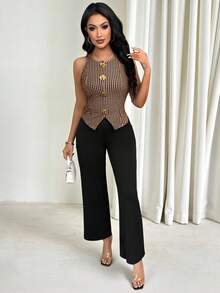 Vavine Elegant Black & White Plaid Metal Button Sleeveless Thin Vest For Women Gingham Top Sleeveless Top Plaid Top - Coffee Brown - View 3