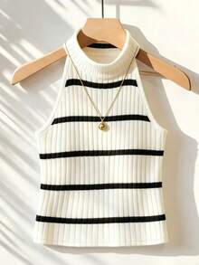 Franclia Áo tank top nữ dáng suông, không vai, chất liệu gân, thích hợp cho mùa hè. - Đen và trắng - Xem 3