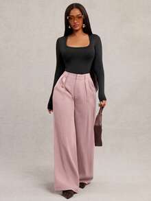 Radiana Plus-Size Women's Minimalist And Stylish Dark Gray Loose Wide-Leg Pants, Suitable For Commuting, Gray Wide-Leg Pants, High-Waisted Wide-Leg Pants, Gray Suit Pants, Perfect For Spring And Summer Wear. - Dusty Pink - View 5