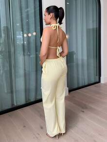 leahseptember Costum de damă cu dungi albastre și albe, 2 buc.: top din bumbac, cu decolteu adânc în V, spate descuiat, și pantaloni largi cu talie înaltă și șnur, ținută casual la modă, vacanță de zi cu zi, primăvară/vară - Galben - Vizualizare 2