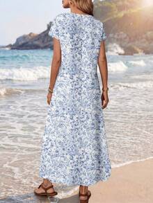 EMERY ROSE 休闲简约百搭图案女式夏季连衣裙，休闲 - 藍白色 - 查看 2