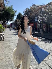 Áo khoác gile mùa hè nữ kiểu dáng thường ngày, phối ren tương phản, vạt áo xếp ly bất đối xứng, thích hợp cho kỳ nghỉ. - trắng - Xem 7