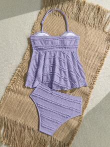 SHEIN Tween Girl Knit Jacquard Solid Color Sleeveless Halter Ruffle Tankini Swimwear Set - Purple - View 6