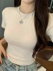 DAZY Women's Casual Solid Color Minimalist Short Sleeve T-Shirt Summer - Beige - View 3