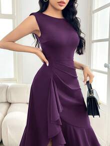 Modelyn Women's Solid Color Round Neck Ruffle Hem Elegant Purple Dress - Purple - View 4