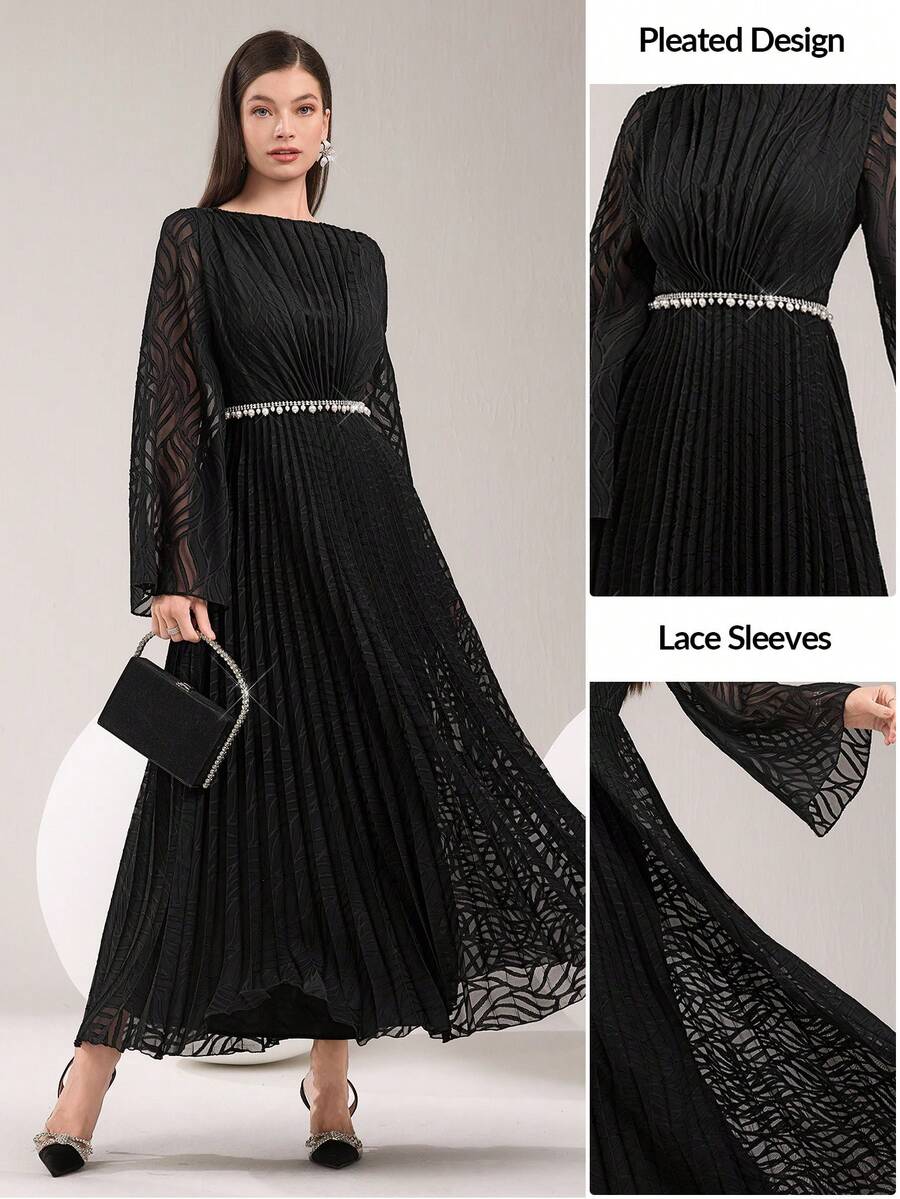 Modelyn Women Elegant Ruffle Trim Flare Sleeve Long Dress