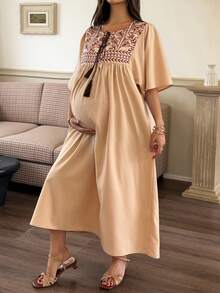 Đầm bầu thanh lịch với tay áo xếp ly buộc dây, dáng dài, thích hợp cho mùa xuân/hè. - Màu Khaki - Xem 3