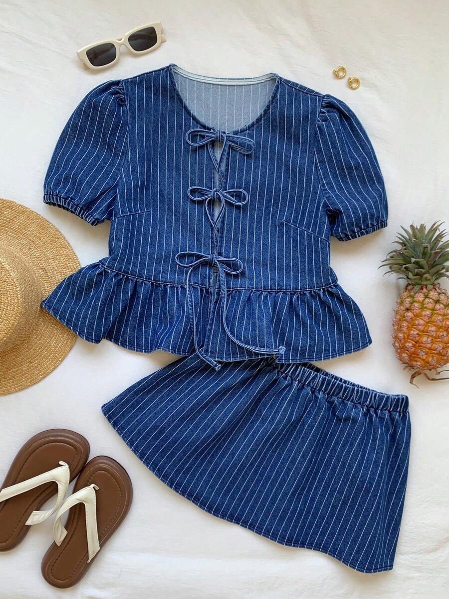 Brillora 女士休闲度假通勤条纹印花荷叶边上衣（前系结）及半裙套装，夏季 - 深色水洗藍 - 查看 1