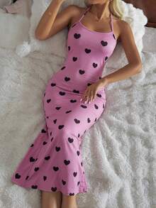 Livesso Women's Sexy Full Heart Print Backless Tie Strap Fitted Camisole Nightgown, Summer Pajamas - Pink - View 2