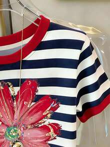 Resyla Women's Casual Striped Floral Print Round Neck Short Sleeve T-Shirt, Versatile Daily Wear - Multicolor - View 4