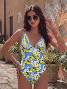 Swim Mod Popular Vacation Multicolor Lemon Print Deep V-Neck Slimming One-Piece Swimsuit - Multicolor - View 4