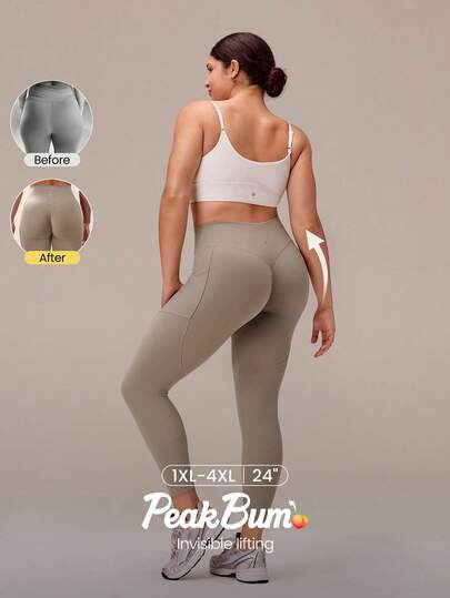 GLOWMODE Plus Size 24" FeatherFit™ Sail On Buttery-Soft Sweat-Wicking Ribbed Panels Side Pockets Butt Lifting Leggings Yoga Pilates Studio Daily Active Wear