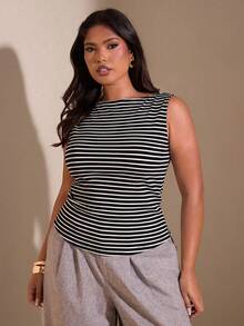 SHEIN BAE Plus Size Summer Casual Striped Round Neck Cinched Waist Tank Top - Black and White - View 6