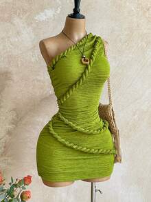 SHEIN PETITE CURVE 大码休闲度假风编织绳装饰无袖迷你连衣裙 - Limelight Green - 查看 5