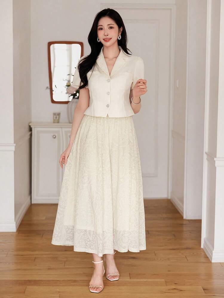 Spring & Summer Elegant Short Sleeve Top And High Waist Embroidered Skirt 2 Pieces Set For Women