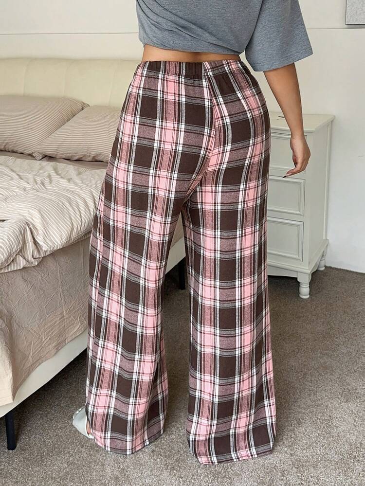 Dazy Plus Plaid Elastic Waist Casual Loose Plus Size Women Spring Summer Autumn Home Pants Pajamas Bottom