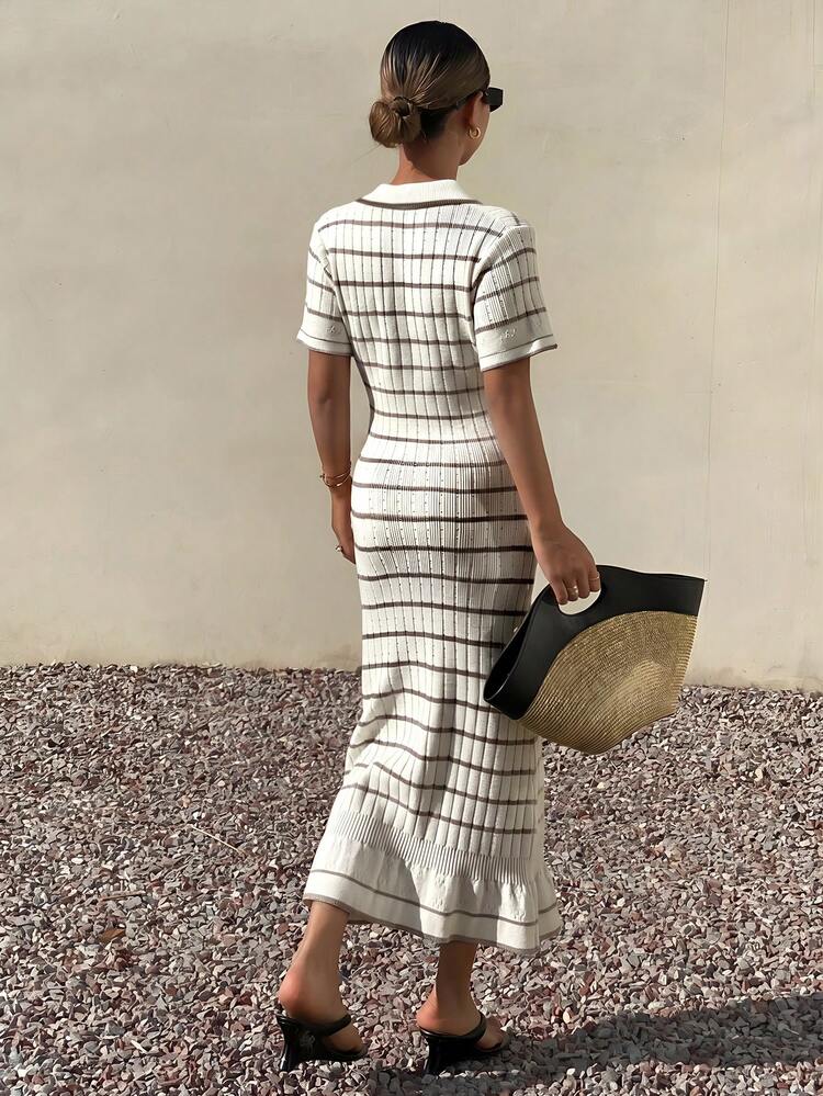 Women's Elegant Turndown Collar Colorblock Striped Knit Dress, Summer