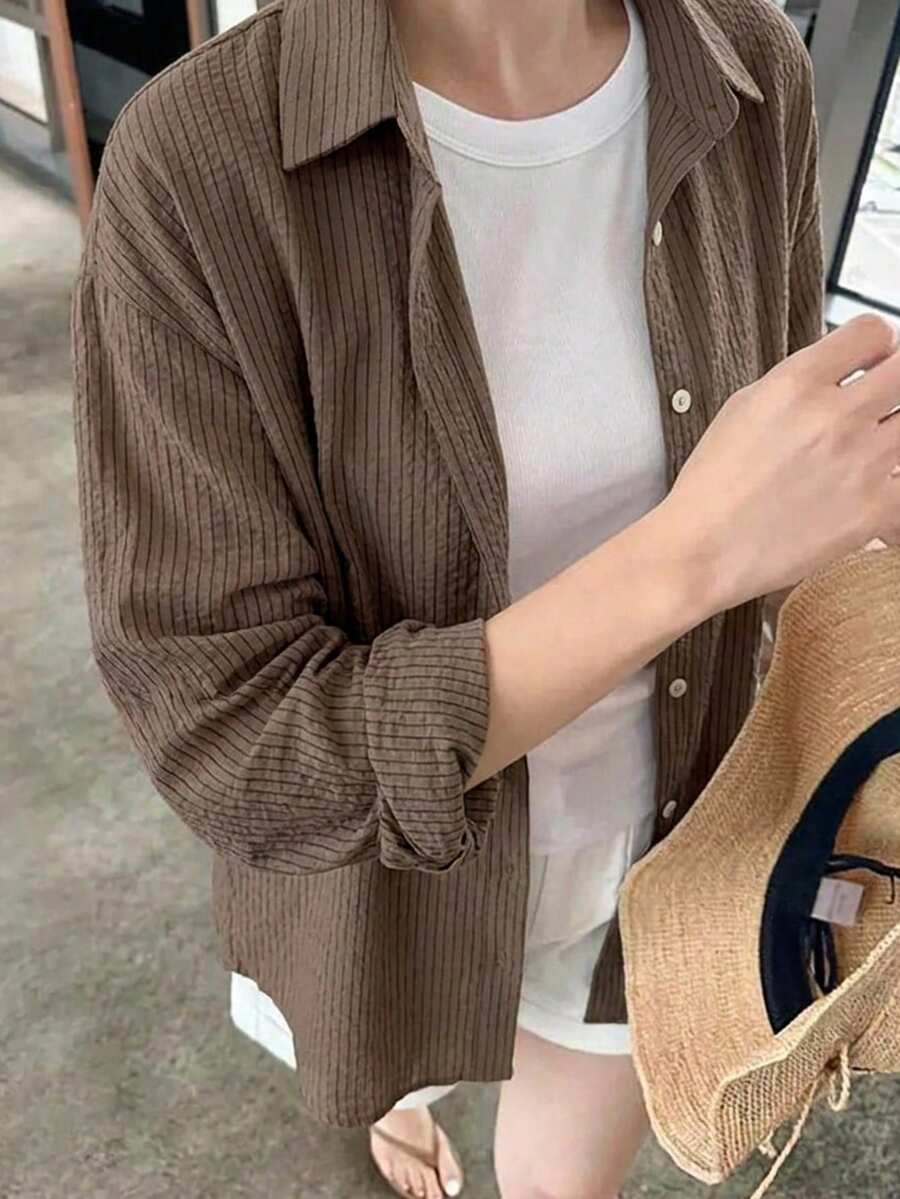 DAZY 女款休閒條紋前開鈕扣長袖襯衫 商務休閒女裝 - 咖啡棕 - 查看 1