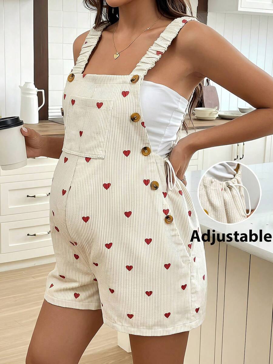 SHEIN 孕妇爱心图案口袋设计休闲连体衣 - 杏色 - 查看 1