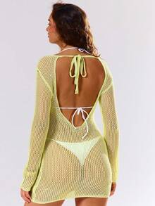 MUSERA 斜领亮片针织长袖露背系带迷你连衣裙 可爱性感 夏季春季假期派对外出 Euphoria - 綠色 - 查看 4