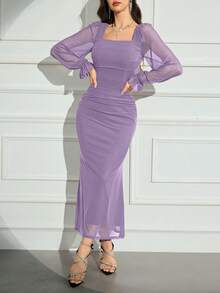 Modelyn Women's Solid Color Mesh Contrast Long Sleeve Casual Dress Long Evening Dresses - Purple - View 5