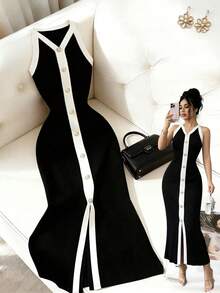 Franclia Women's Elegant Black And White Sleeveless Knit Dress,Summer Tea Party Casual Color Block Split Fitted Button Dress,Minimalist Vacation Spring Outfit - Black - View 6