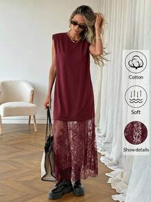 SHEIN LUNE 女士休闲纯色蕾丝拼接无袖长连衣裙，春夏日常穿着、通勤和外出必备基本款 - 酒紅色 - 查看 3