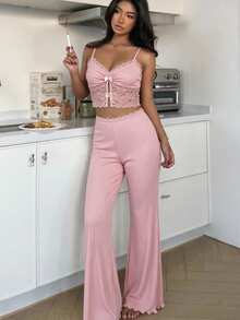 ZzzCrew Ensemble de pyjama doux rose pour femmes avec cordon de serrage et détail de nœud délicat - Rose bonbon - Voir 6