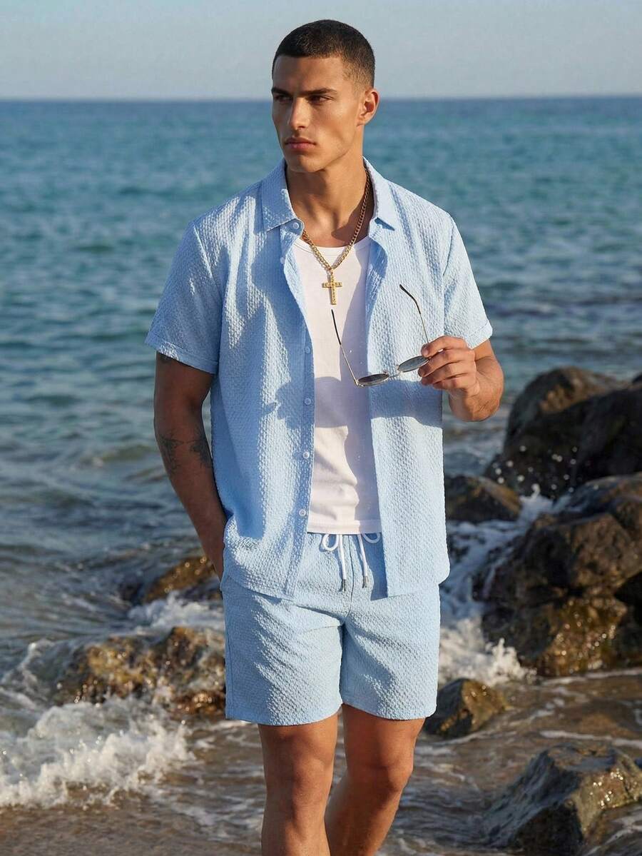 Manfinity Chillmode Plus Size Men's Solid Color Short Sleeve Single-Breasted Shirt And Shorts Casual Beach Outfit Men Short Sets Vacation Plus Size Men Beach Outfits - Blue - View 1