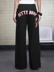 Betty Boop | ROMWE Quần jeans ống đứng hợp tác thiết kế với họa tiết thêu phía sau. - màu đen - Xem 3