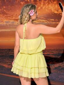Hourglow Vestido de mujer talla grande de unicolor con volantes en el bajo y cuello halter, para figura de reloj de arena - Amarillo - Ver 6