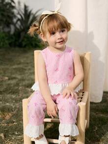 Cozy Pixies Baby Girl Colorblock Floral Trim Sleeveless Cardigan Top And Elastic Waist Pants 2 Pieces Set,Kids - Multicolor - View 4