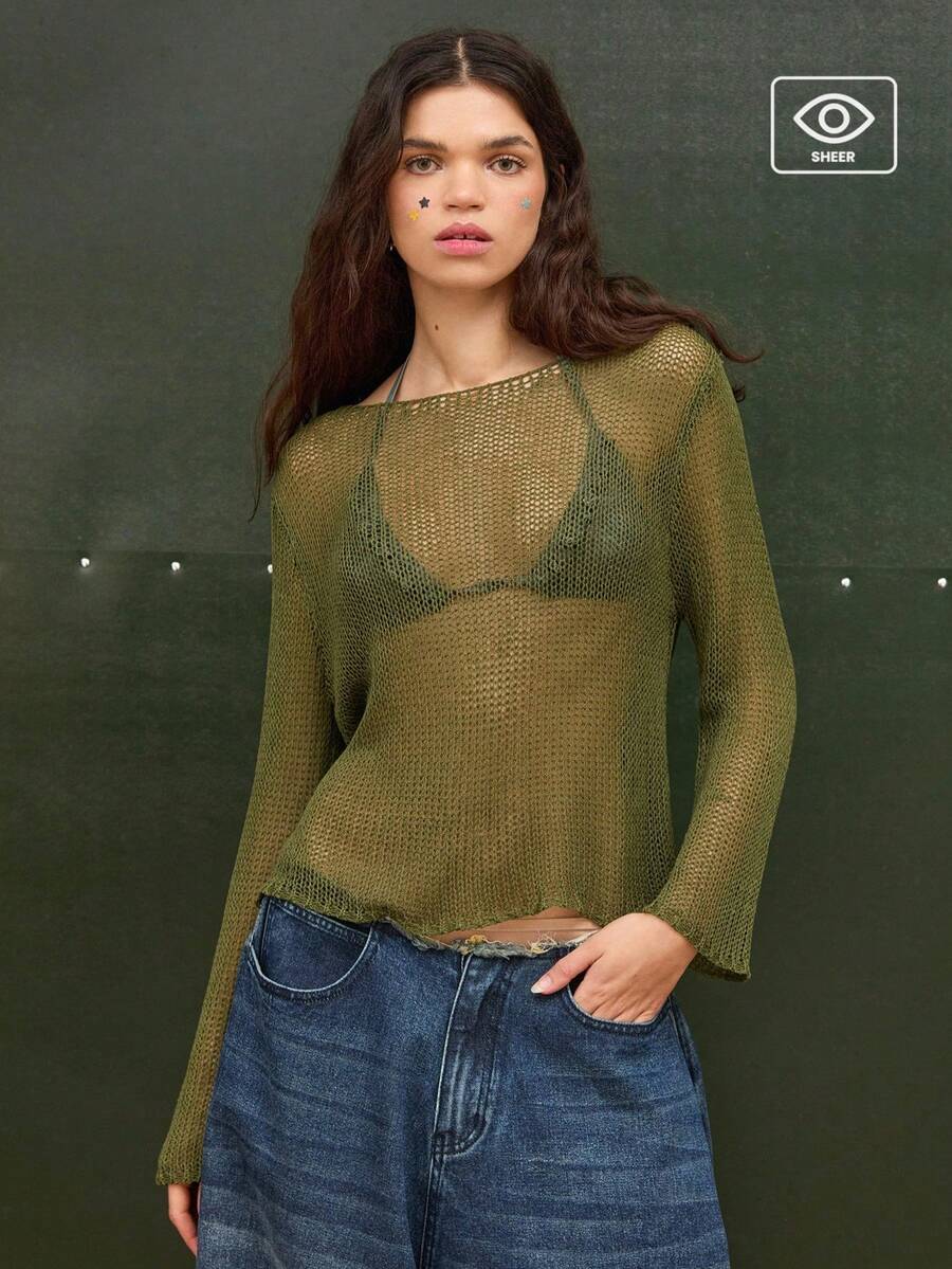 COUREZ Slash Neck Open Knit Sweater/ Y2K Summer Clothes For Women Summer Outfits For Women Green Tops Long Sleeve Tops Summer Tops Festival Outfits Concert Outfits Spring Outfits For Women - Green - View 1