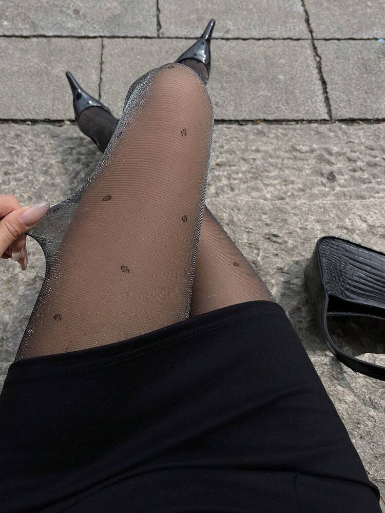 Women's Black Heart & Polka Dot Sheer Lace Patchwork Skinny Leggings, Suitable For Spring, Summer, Music Festivals, Valentine's Day, Weddings