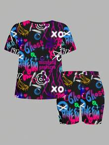 SHEIN Slayr 大码女式字母印花短袖上衣和短裤休闲两件套 - 彩色 - 查看 5